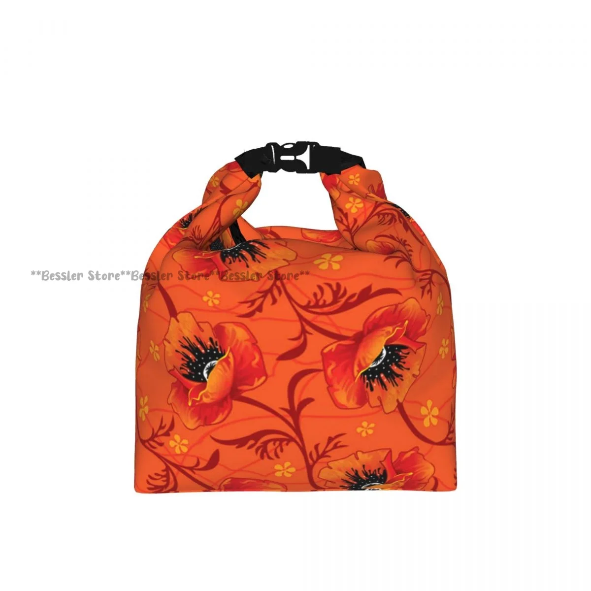 Roll Top Thermal Lunch Bag Poppy Flower Series Blossoms Romance Bohemian Print Insulated Bento Bag Reusable Food Storage Handbag