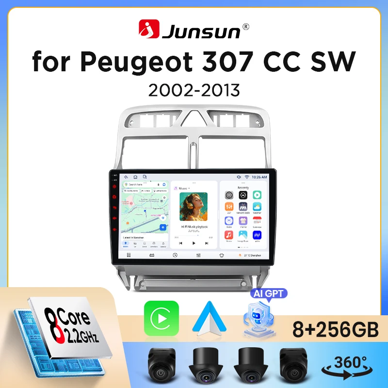 Autoradio Junsun sans fil CarPlay Android Auto pour Peugeot 307 (Hatchback/SW/CC) 2001-2008 avec ventilateur de refroidissement intégré, navigation GPS Android, lecteur multimédia, WiFi, DSP, RDS, BT,