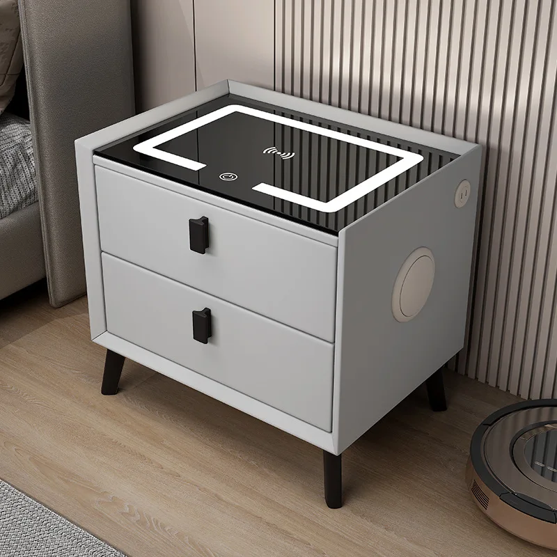 Modern Style Intelligent Bedside Table 2 Drawers Faux Leather Nightstands with Wireless Charging Bluetooth Speaker Side Cabinet