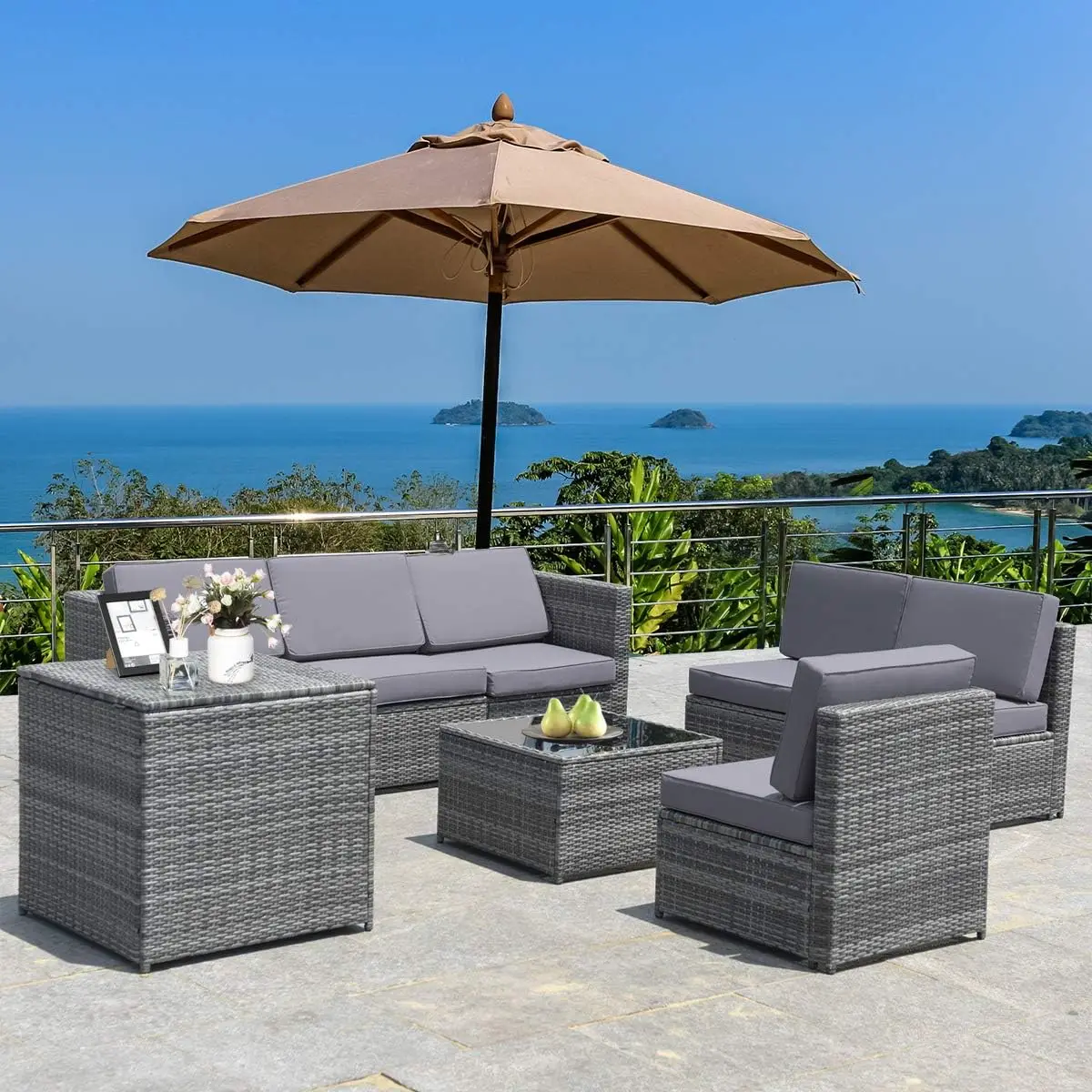 

8 PCS Outdoor Patio Furniture Set, Rattan Wicker Sofa Set, Sectional Sofa Couch Conversation Set w/Storage Table and 12 Zippered