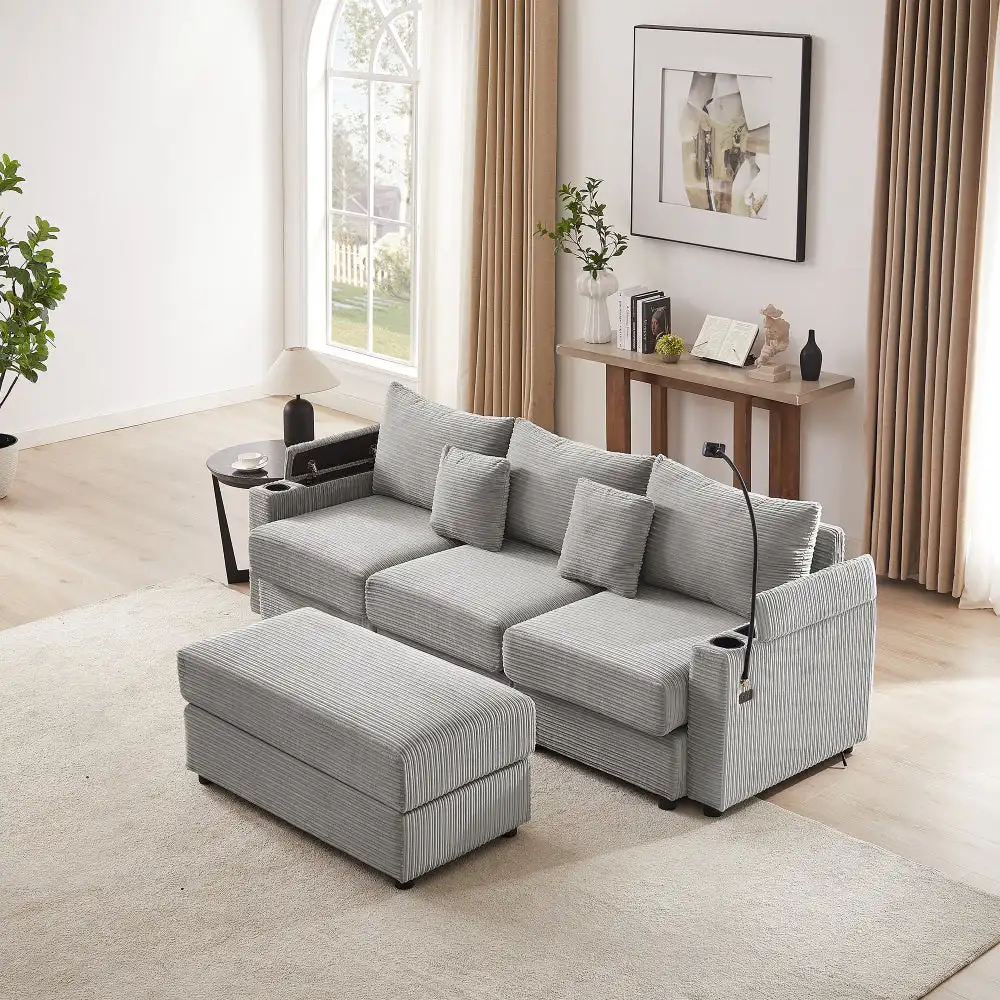 

Modern Style Single Sofa Sofa Couch with Storage Space, A Movable Ottoman, Two USB Ports, Two Cup Holders, A Phone Holder for Li
