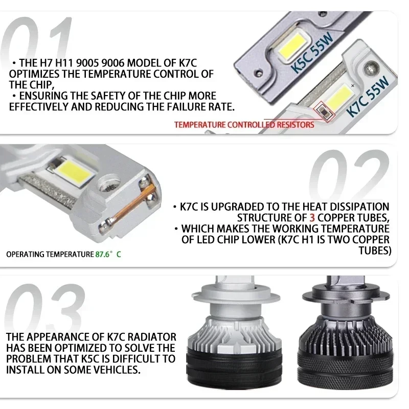 K7C 4300K H7 H4 H11 Led Lamp 3 Copper Tube Led Lights For Car H1  HB3 9005 HB4 9006 12V Led Headlight Bulb car accessories