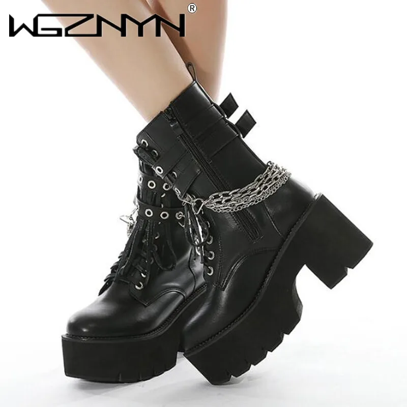 2024 Women Platform Shoes Black Gothic Buckle Leather Woman Creeper Punk Shoes Female Black Ankle Short Combat Boots for Women