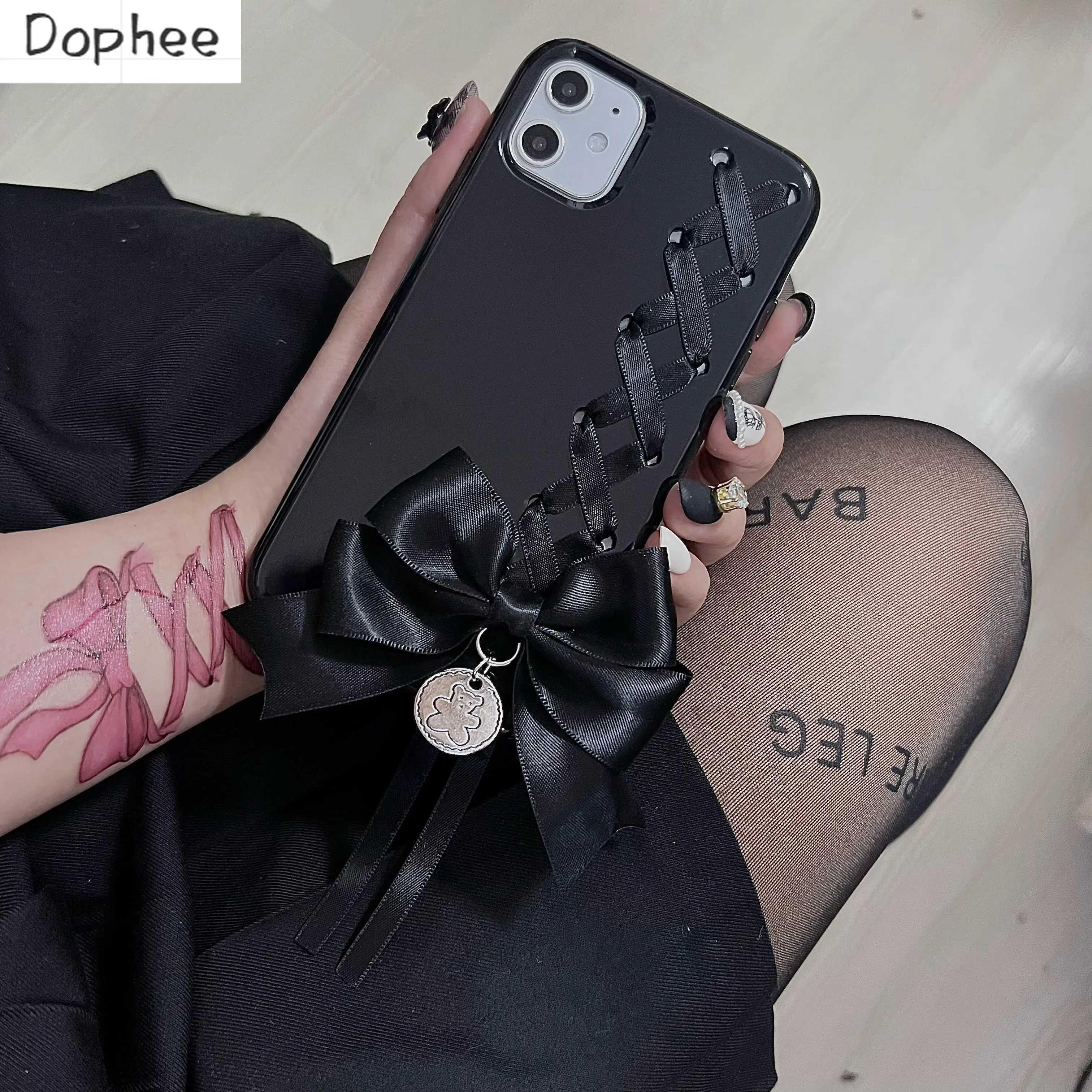 Dophee Original Dark Girls Lolita Phone Case Suitable for Apples IPhone 12 13 14 15 Promax Subculture Hot Chick Bow Phone Cover