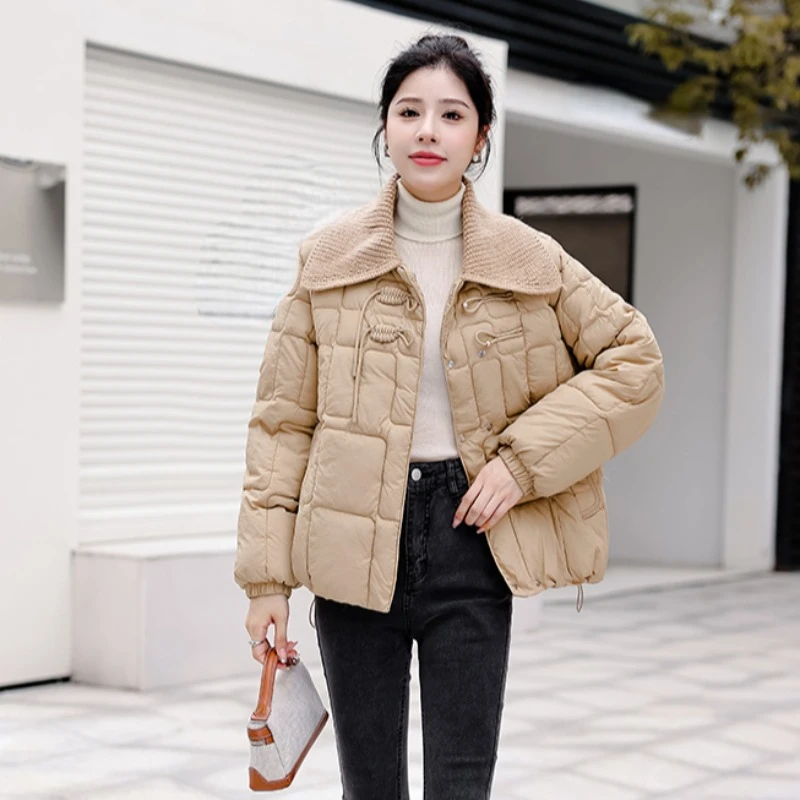 Winter Fall Women Patchwork White Black Khaki Cotton Padded Parka Coat , Autumn Woman Vintage Sweet Ladies Coats