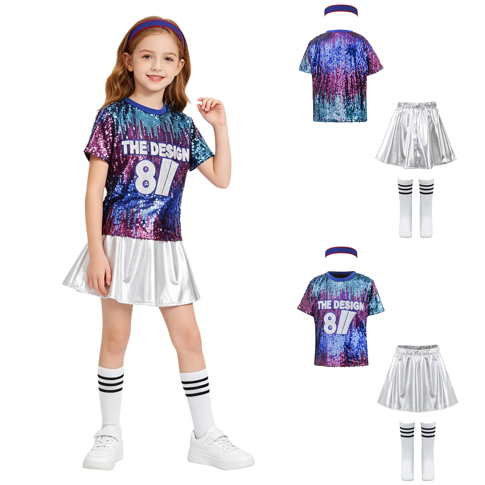 

Kids Cheer Leading Performance Outfit Sequins Short-sleeve T-shirt and Bottom Costumes Set for Christmas Holiday Show Costumes
