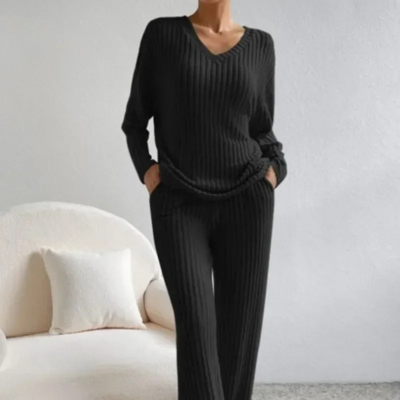 zekye Women's Casual V-Neck Women's Knitted Suit Top And Straight Pants Solid Color Sweater Two-Piece Set Home Suit For Women