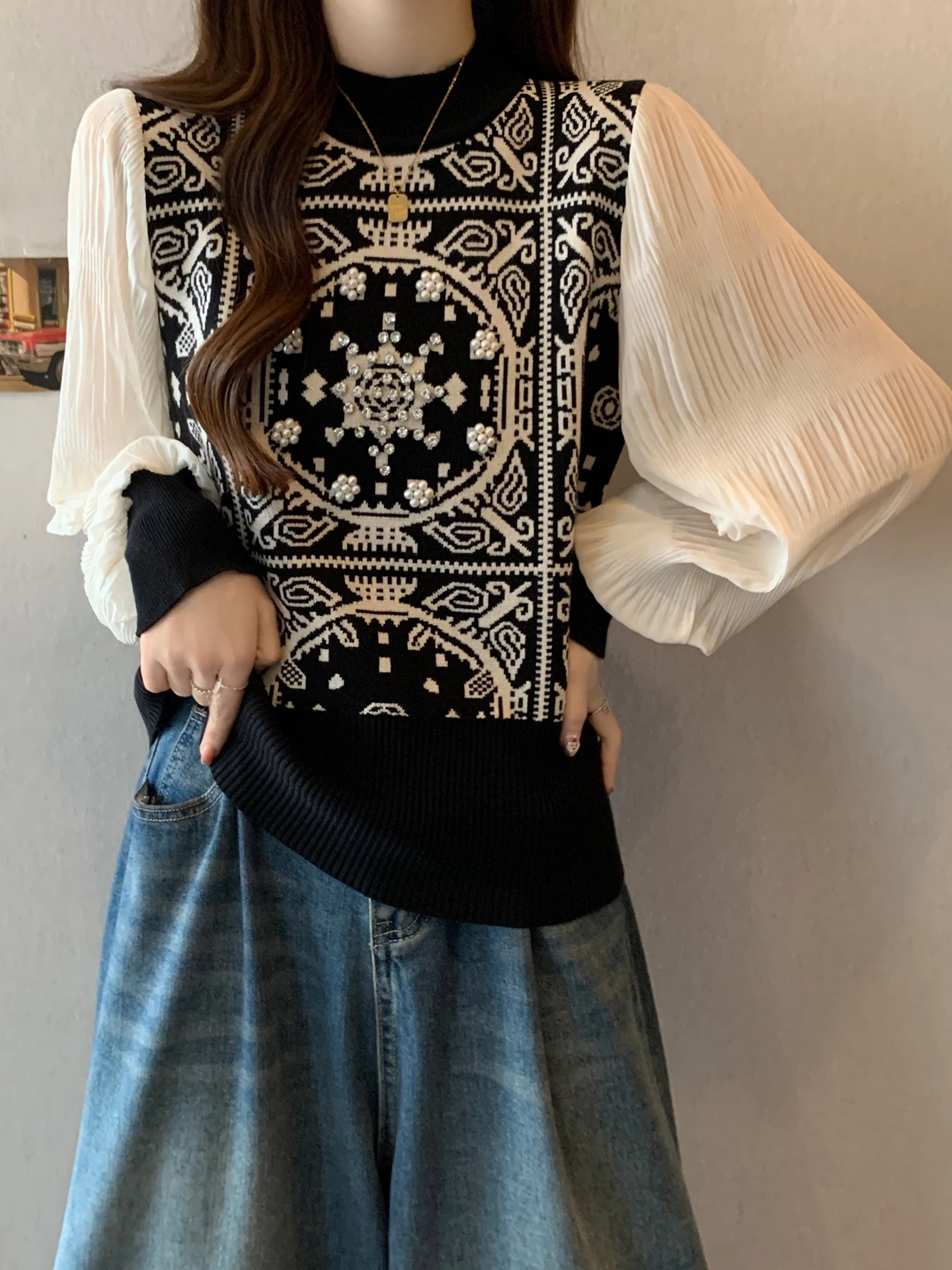 

Ретро-кофта с длинными рукавами и вставками, женская, больших размеров, осенняя, приталенная, роскошная, в европейском стиле, дышащая, комфортная