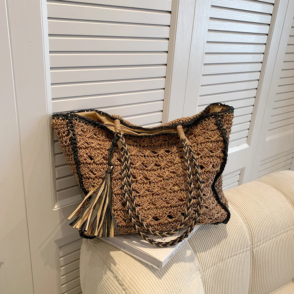 Women Weaving Bag Straw Handbag Tote Bag Hollow Out Tassel Shoulder Bag Solid Color Crochet Handbag Ladies Summer Beach Bag