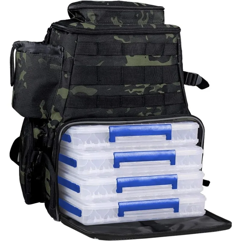 

Fishing Tackle Backpack 2 Fishing Rod Holders with 4 Tackle Boxes, Large Storage, Backpack，tool Backpack