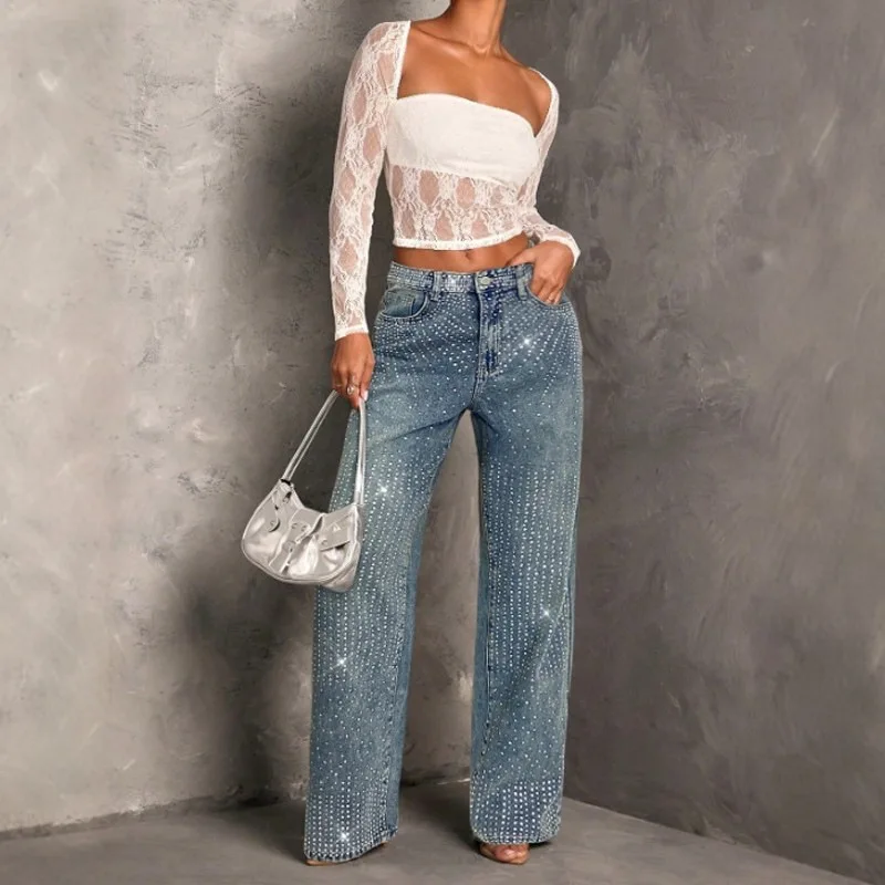 American High Street Fully Rhinestone Jeans Women Distressed Wide Leg Pants Luxury High End Plus Size Straight Denim Trousers