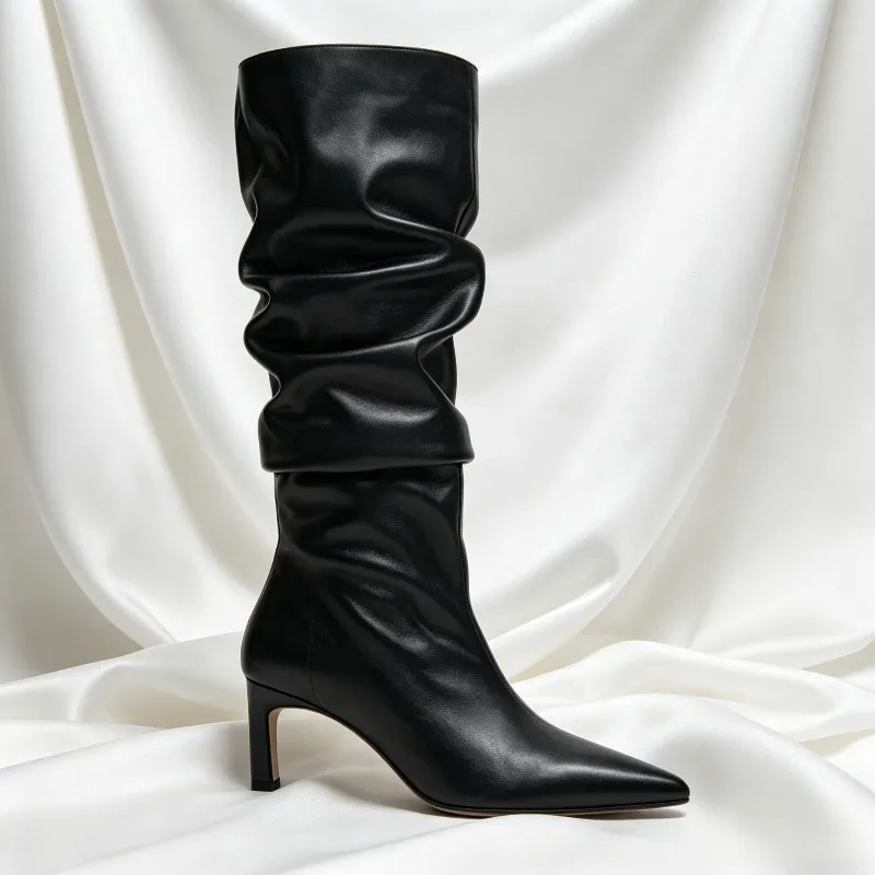 Black Soft Leather Winter Knee Boots Women Sexy Pointy Toe Pleated Kitten Heel Designer Boot Elegant Commuter Botas Largas Mujer