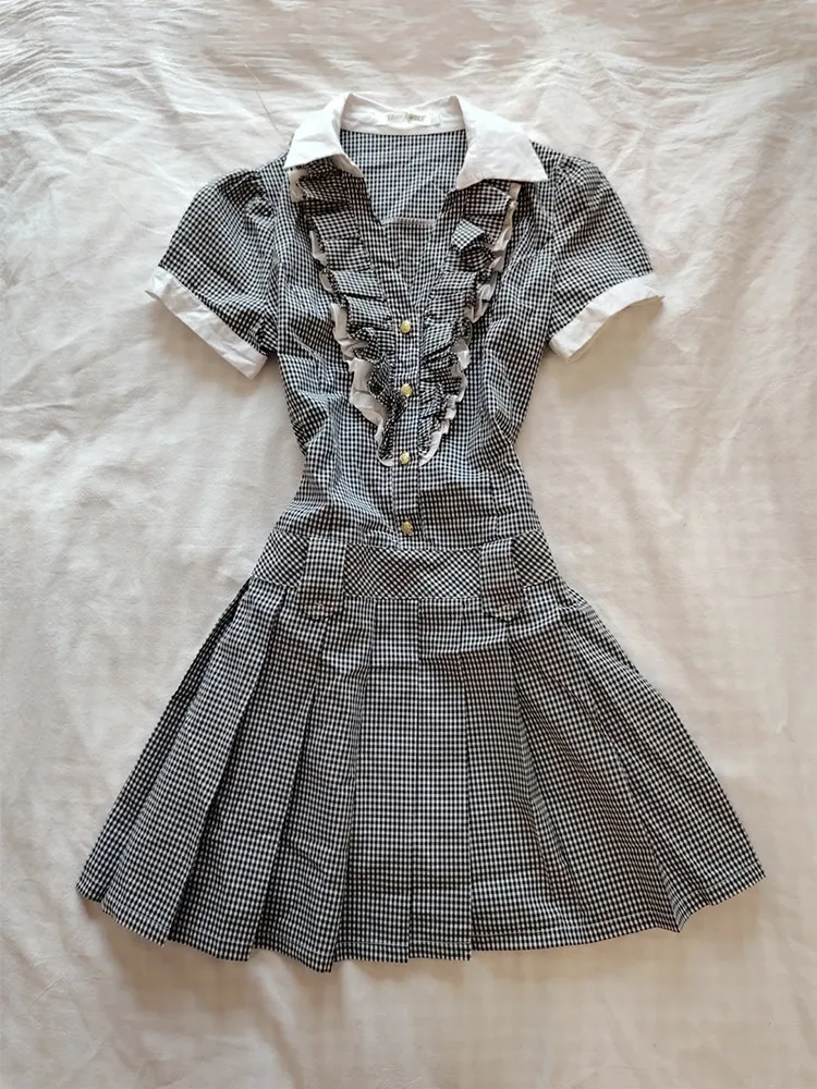 Винтажные платья-поло в клетку Sweet Harajuku, японские женские платья 2000-х годов Y2k, летние сексуальные короткие платья Gyaru для девочек, вечерние тонкие готические платья