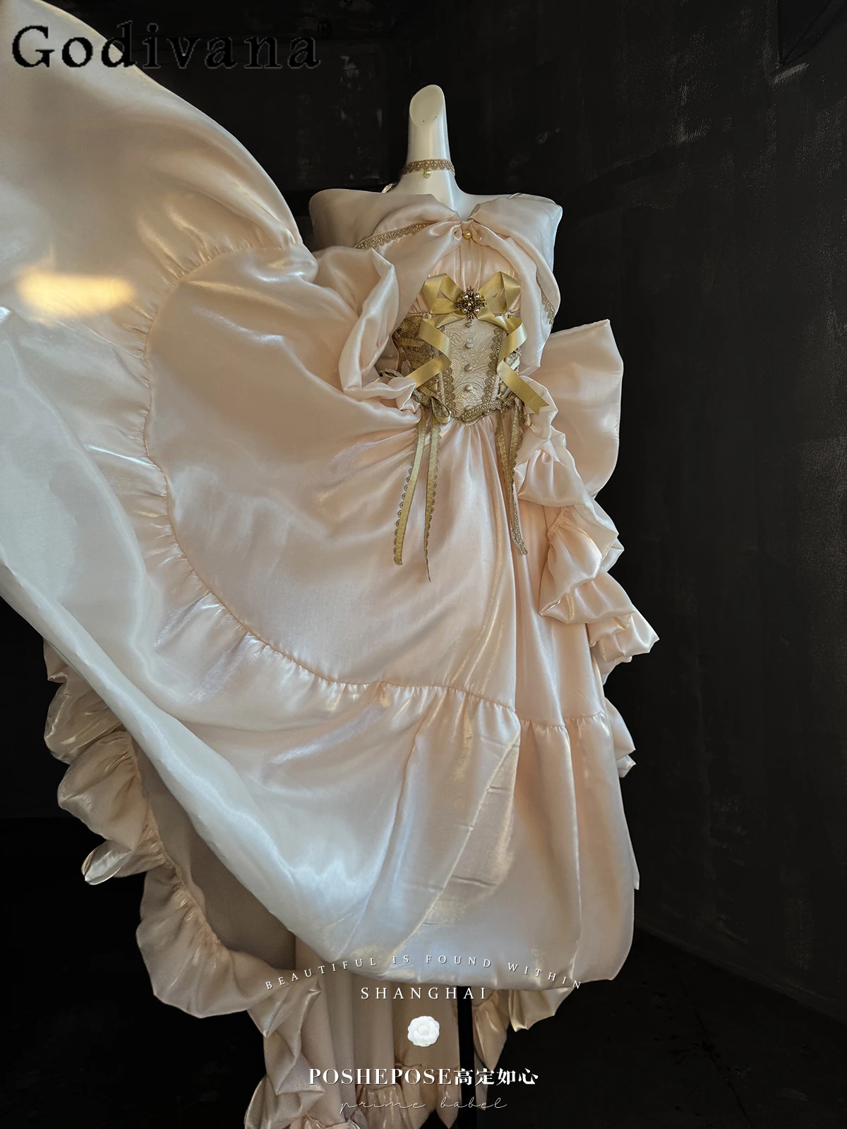 高品質重工業ゴールド妖精ドレス女性スリムフィットエレガントなビッグリボントレーリング Lo ドレス女性の花のウェディングドレス