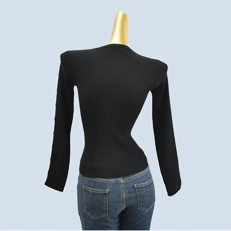 Cseta de punto de manga larga con cuello redondo, ajustada, con bordado pesado, hombros descubiertos y perlas, para mujer,...