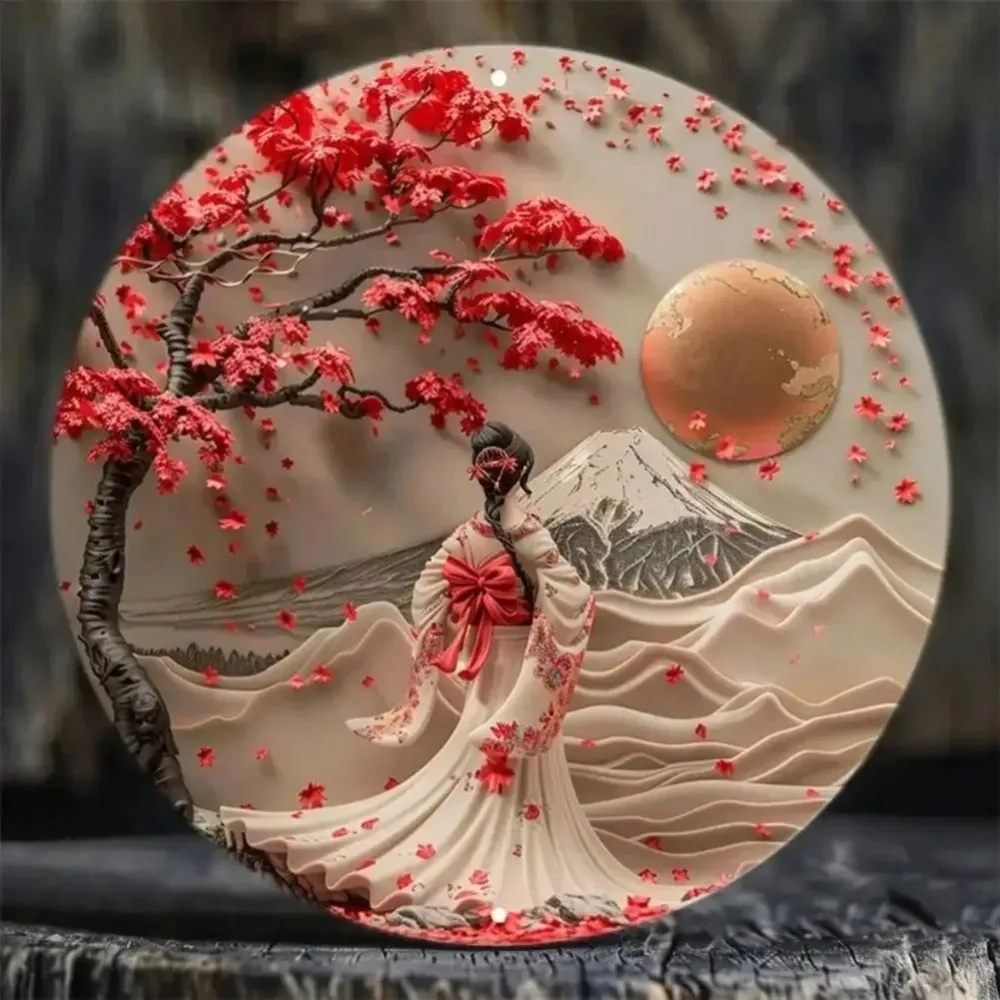 Elegant Japanese Kimono Woman Cherry Blossom Aluminum Metal Wall Art - Premium Home Decor