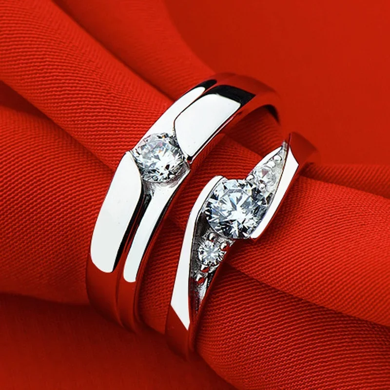 

1 Pair 925 Sterling Silver Crystal Couple Rings Forever Love Wedding Band His And Her Promise Ring