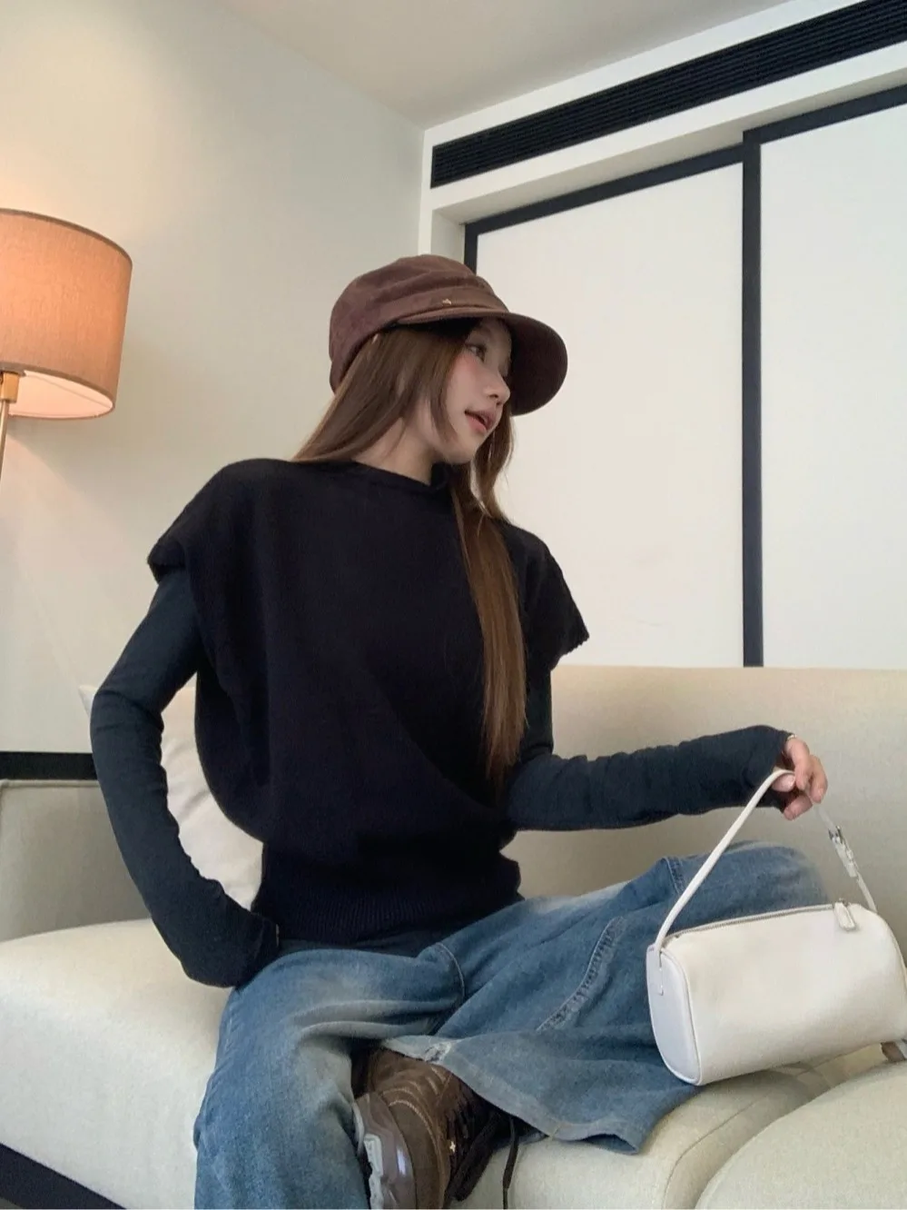 Ele conjunto de suéter e colete de malha solto ajuste longo sve ort sve outono inverno cor pura base irt feminino faion