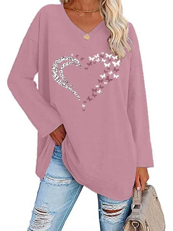 Cseta Hoada Informal de Manga Larga para Mujer, Otoño Invierno, Moda, Cuello en V, Estampado de Corazón, Talla ande, R...