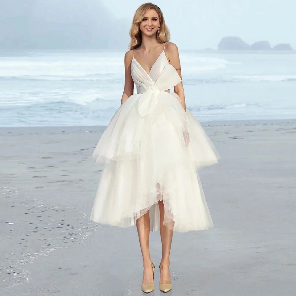 

Modern Wedding Dresses Midi Tulle A-line Wedding Party Dress Ivory V-neck Tiered Tiered Bow Wedding Guest Dress Mid 2025