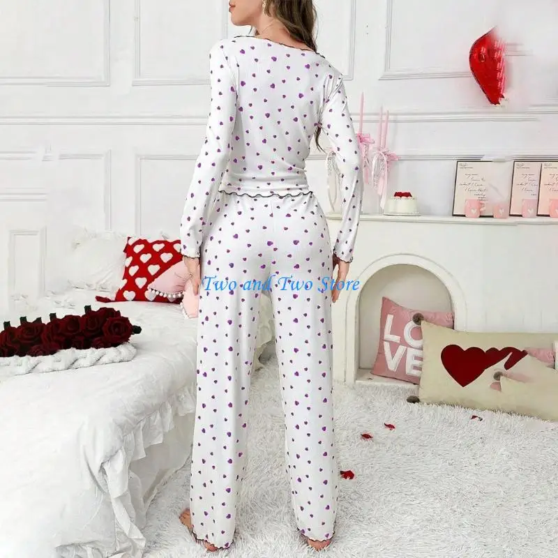 

HX6F for Women Pajama Ribbed Sleepwear Long-Sleeved Shirt and Length Bottom Soft Piece