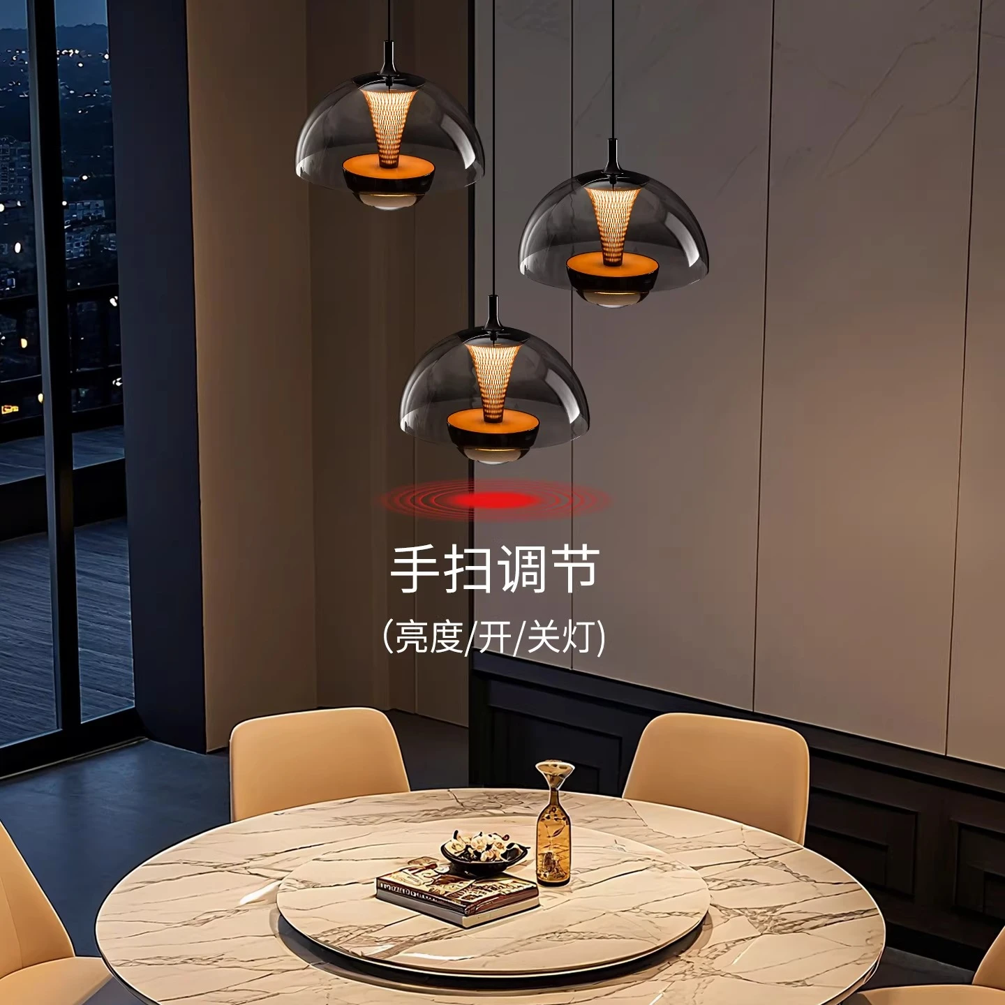 

Hand-swept induction restaurant light 2025 new Italian minimalist high-end creative three-head bud round dining table chandelier