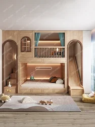 Casa entera para habitación de niños, casa de árbol deslizante personalizada, litera ajustable en altura de madera maciza, cama de ático de dos capas