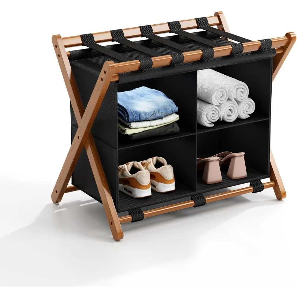 Portaequipajes de bambú con 4 compartimentos de almacenamiento, soporte para maletas plegable para habitación de invitados, capacidad de 150 libras, resistente, ahorra espacio