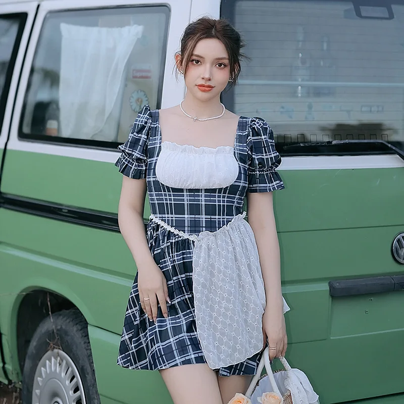 

2024 plus Size Swimsuit Ladies Conservative Skirt Siamese Fresh Girl Plaid Swimsuit