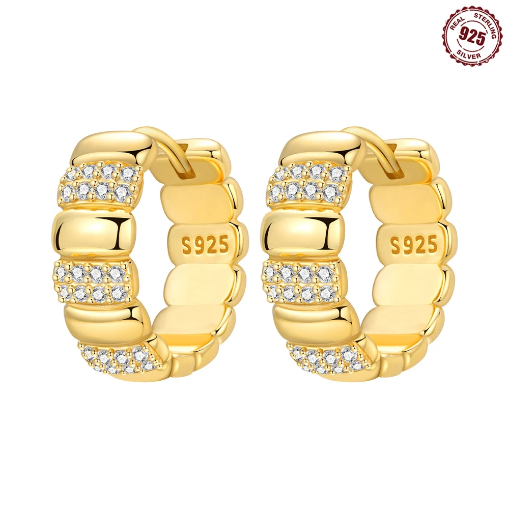 925 Sterling Silver Segmented Ribbed Chunky Huggie Hoop Earrings Pave Clear Cubic Zirconia Textured Hoop Earrings Jewelry Gift