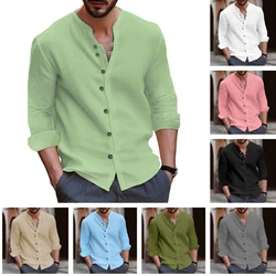 Men Cotton Linen Beach Shirt Stand Collar Social Formal Shirts Blouses Man Long Sleeve Dress Tops White Casual Shirt Man Clothes