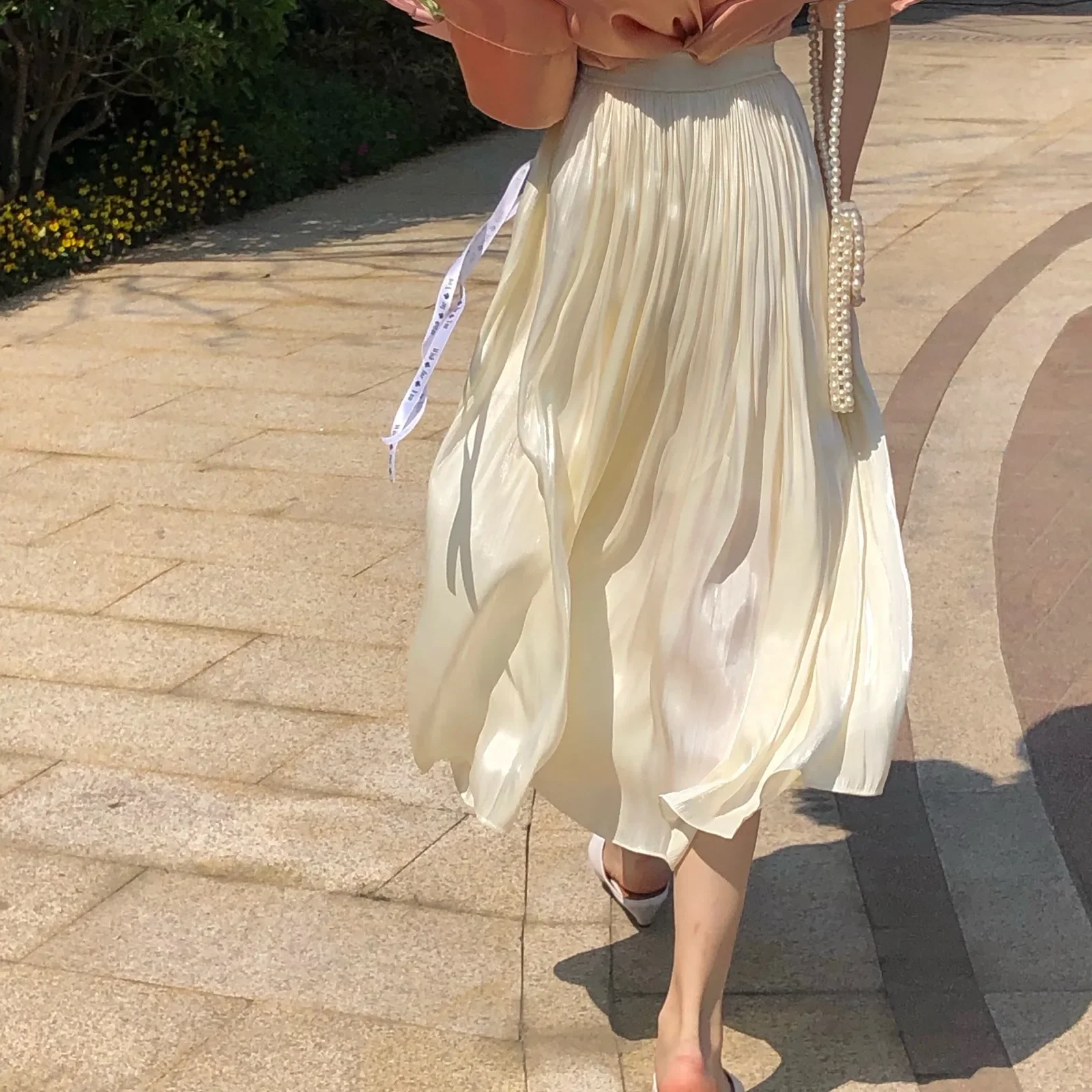 Falda larga para mujer, elegante vestido plisado sedoso, corte en A, informal, para oficina, columpio, ropa de fiesta de verano