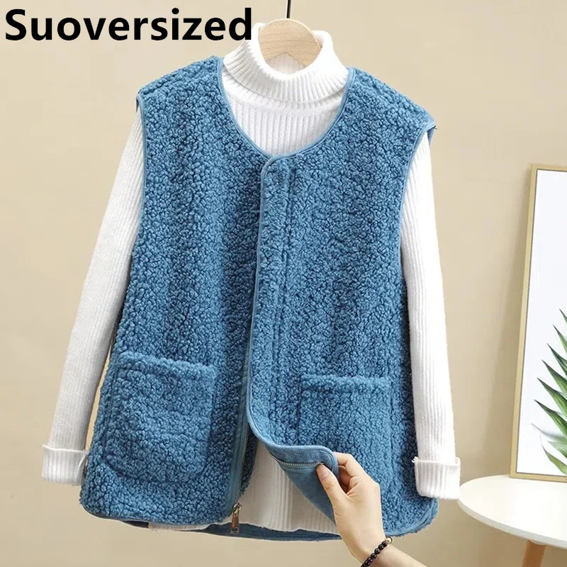 Oversized 4xl Faux Lambswool Vest Thick Warm Women Waistcoat Autumn Winter Teddy Chaquetas Candy Colors Loose Sleeveless Jackets