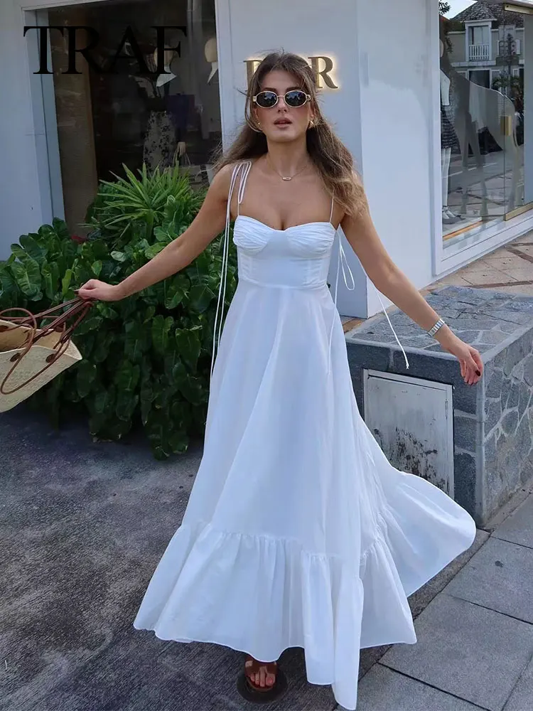 TRAF Woman Fashion Summer Chic Long Dresses White Sling Sleeveless Backless Lace-Up Decoration Zipper Female Beach Style Dress