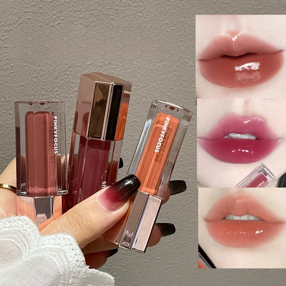 Brązowy brokatowy błyszczyk do ust, długotrwały połysk, lustrzany efekt wody, wodoodporny, żelowy, powiększający usta, makijaż, nawilżający tint do ust.