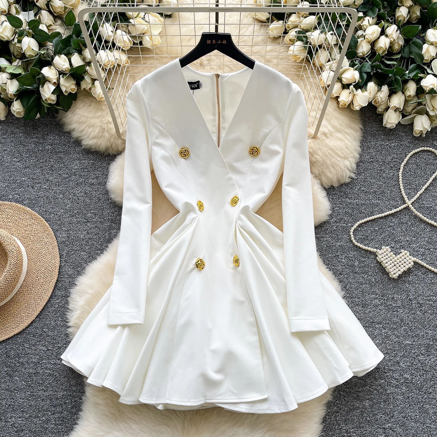 

Women Dresses Solid Ball Gown Dress Button V Neck Long Sleeve Waist Cinched Mini Length Loose Fit Casual Office Lady 2025 Autumn