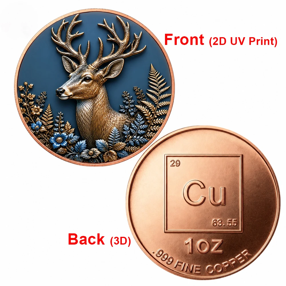 1pc Forest Stag Deer 1OZ Pure Copper Challenge Coin UV Print Majestic Buck Commemorative Medal Wildlife Art Collection Gifts