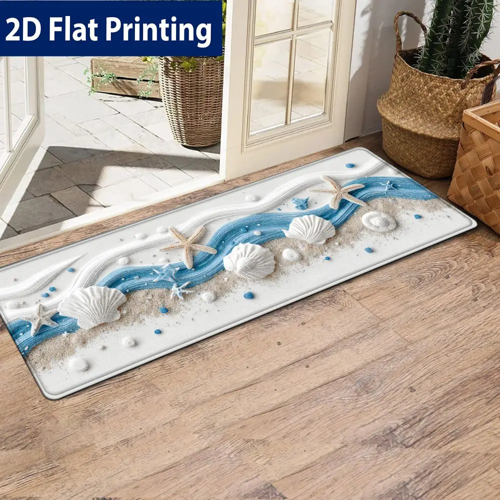 1pc Blue‑White Wave, Shell & Starfish Printed Long Runner Rug, Home Decor Floor Mat for Bathroom, Entryway, Bedroom, Kitchen