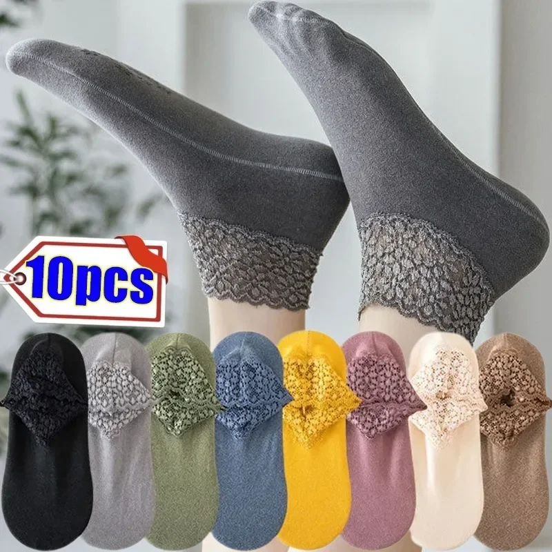 5/1Pairs Casual Low Tube Lace Thermal Socks Women Thick Home Floor Socks Warm Velvet Solid Anti-slip Slippers Breathable Socks