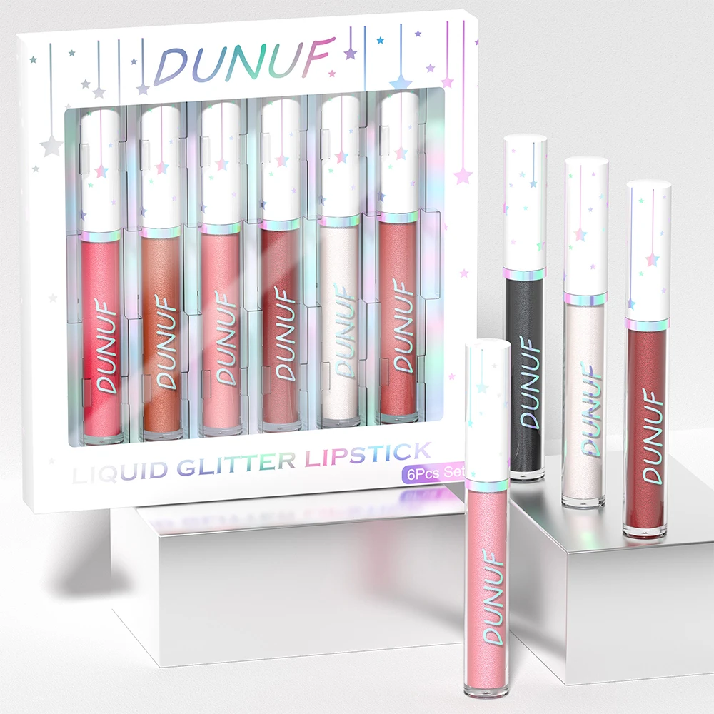 Dunuf Set di rossetti impermeabili a lunga durata da 6 pezzi, finitura luccicante, perfetto da indossare tutto il giorno, regalo ideale per donne e ragazze