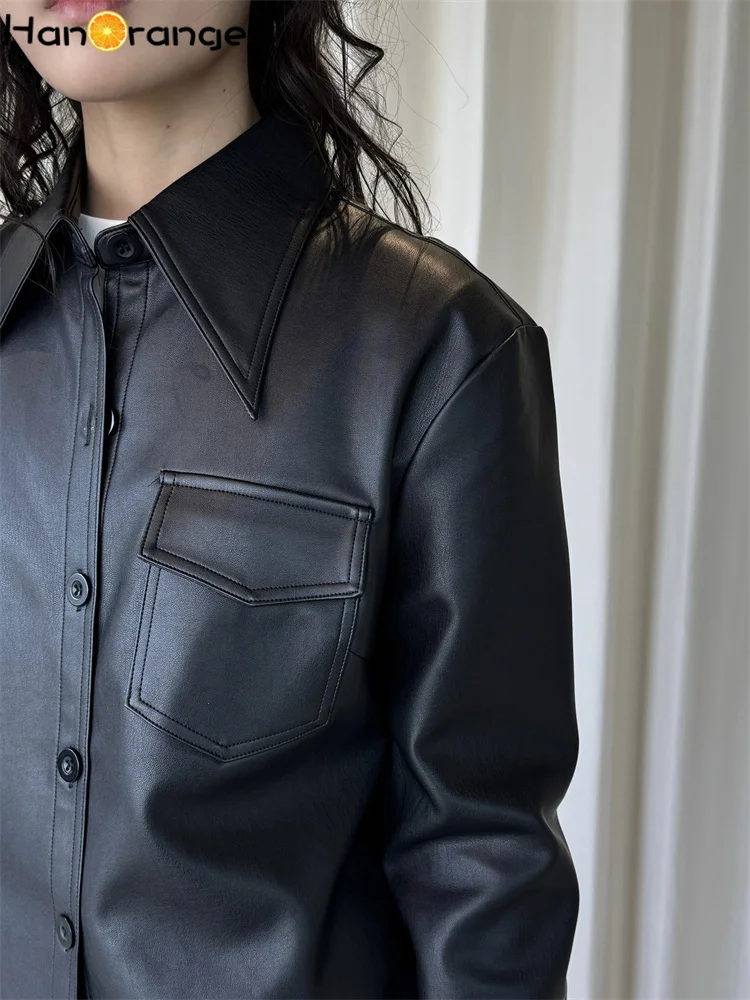 سترة HanOrange 2026 أوائل الربيع بياقة كبيرة من البولي يوريثان للنساء مخطط فضفاض باللون الأسود