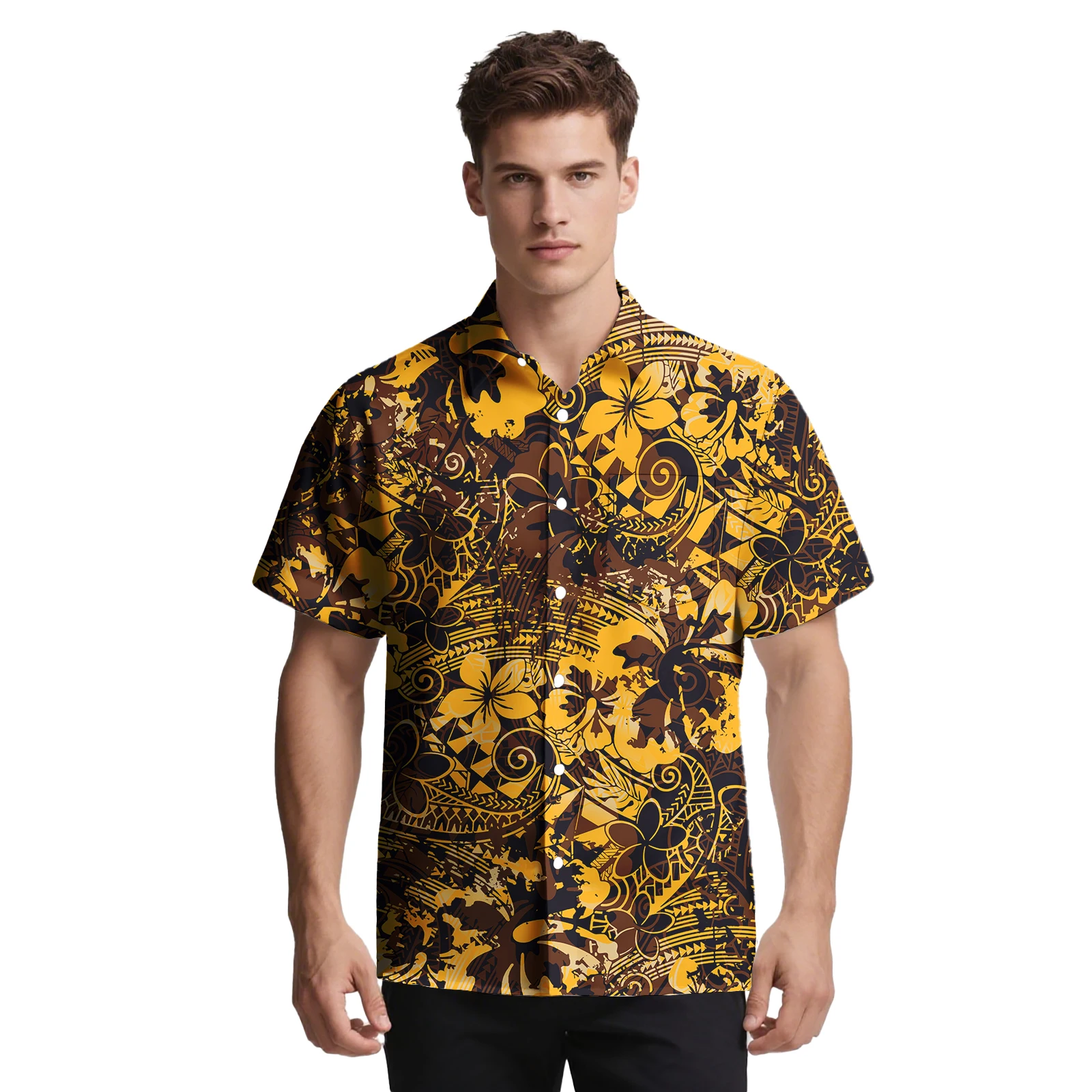 ساموا القبلية تصميم شعار مخصص الرجال الملابس هاواي شاطئ قميص الرجال وسيم زر أعلى البولينيزية العرقية نمط الرجال ألوها قميص #4