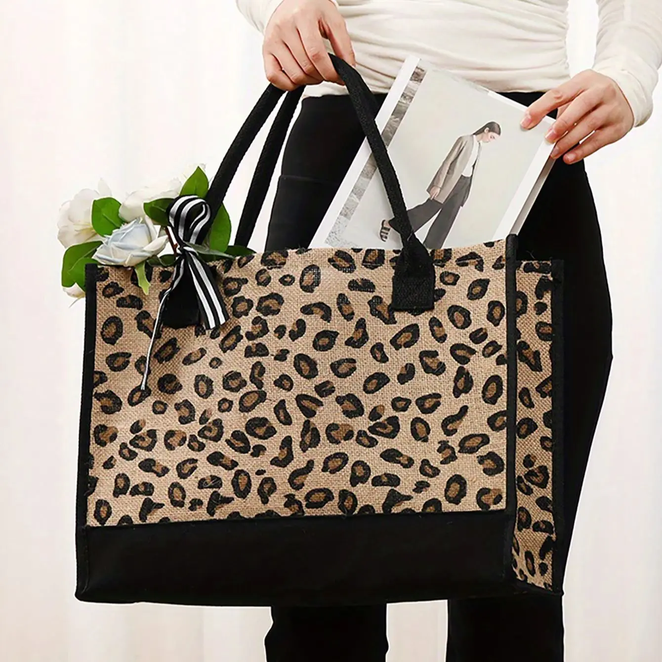 Leopard flame patterned canvas material internal waterproof storage bag with large capacity carrying bag beach bag Tote Bag