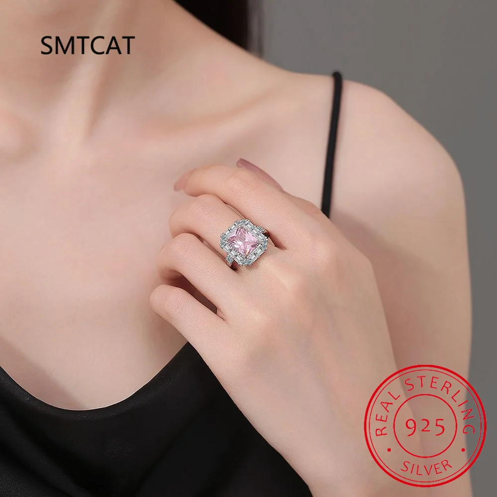 New Arrival Geometric 2.8ct Pink Gemstone 925 Sterling Silver Adjustable Cocktail Ring for Woman Fashion Jewelry