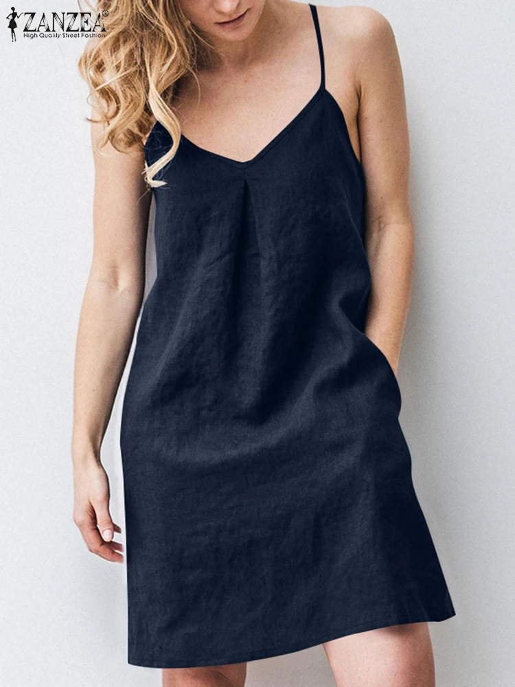 ZANZEA-Robe de plage à bretelles spaghetti pour femmes, décontractée, col en V, été, 2025