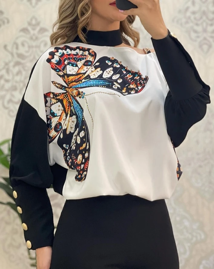 

Casual Blouse Tops Women Asymmetrical Hanging Neck Colorblock Butterfly Print Buttoned Chain Cold One Shoulder Long Sleeve Top