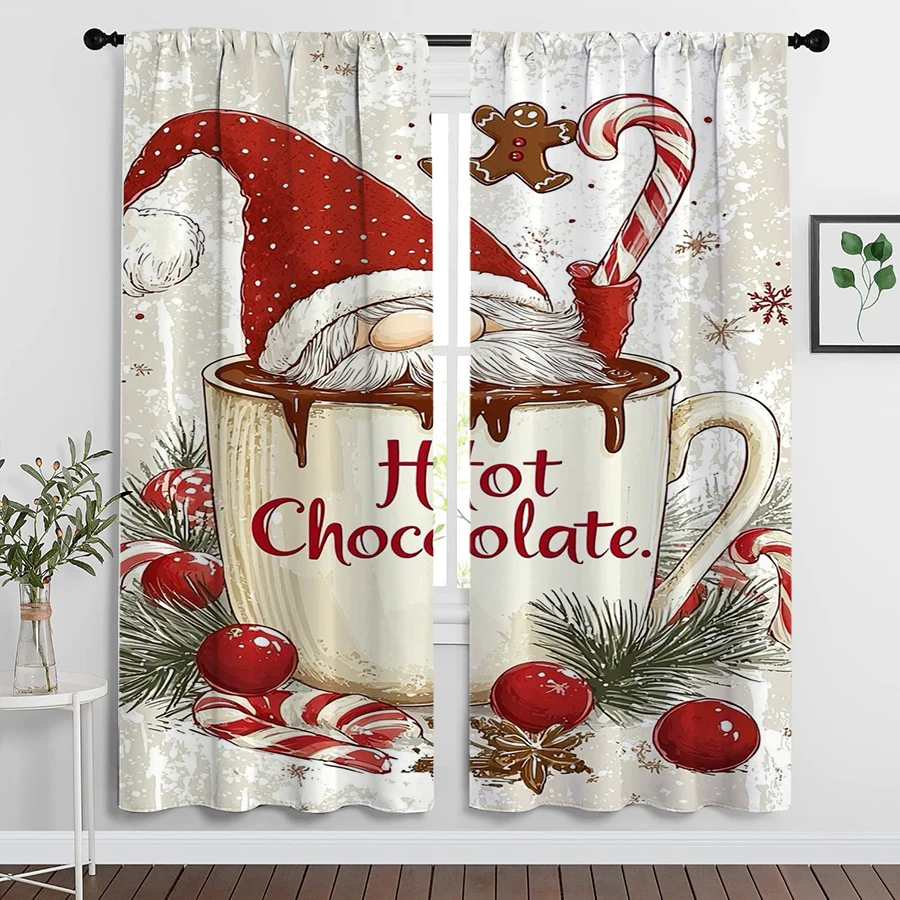 2PCS Christmas Curtains, Gnome Hot Chocolate, Digital Print, Bedroom Living Room Kitchen, Rod Pocket Polyester, Home Decor