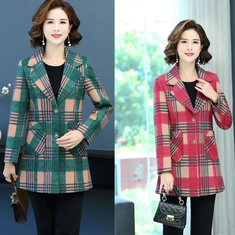 Fashion Women\'s Woolen Coat Tops 2022 New Spring Autumn Suit Collar Plaid Jacket Middle-Aged Elderly Woman woolen coat Outerwear