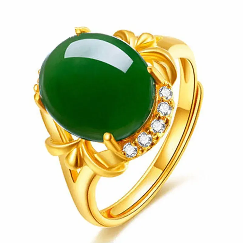 Mencheese-Areia De Ouro Incrustada Hetian Jade Abrir Anel Ajustável, Incrustada De Ouro com Jade Esmeralda, Copiar 100% Vietnam, Colorfast