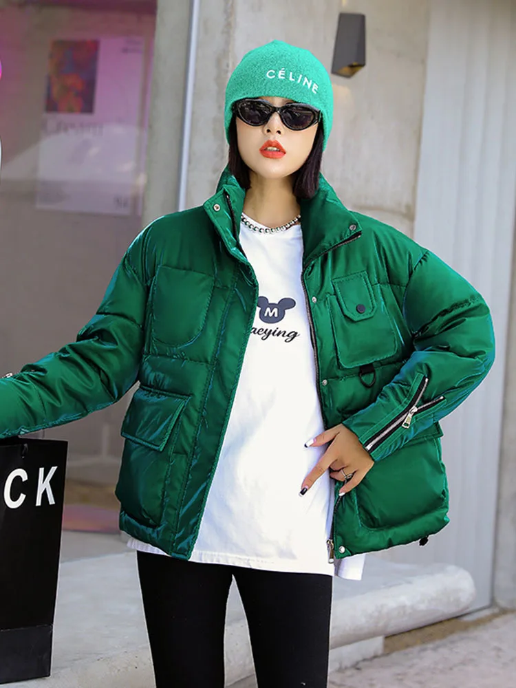 Glossy Puffer Jacket Women Down Cotton Parkas Winter 2022 Korean Fashion Warm Short Coat Female Pocket Padded Clothes Outwear